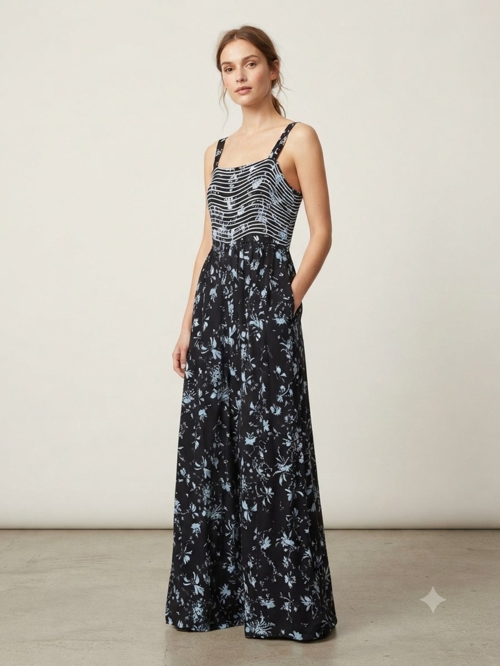 Free People Black Maxi Dress with Light Blue Floral Print